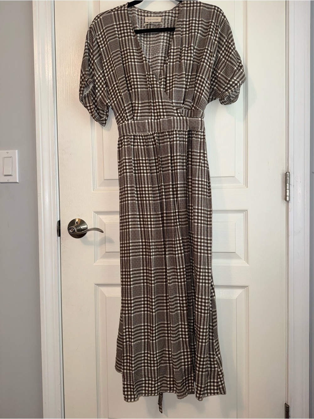 Urban Outfitters Brown and Cream Gingham Wrap Midi Dress